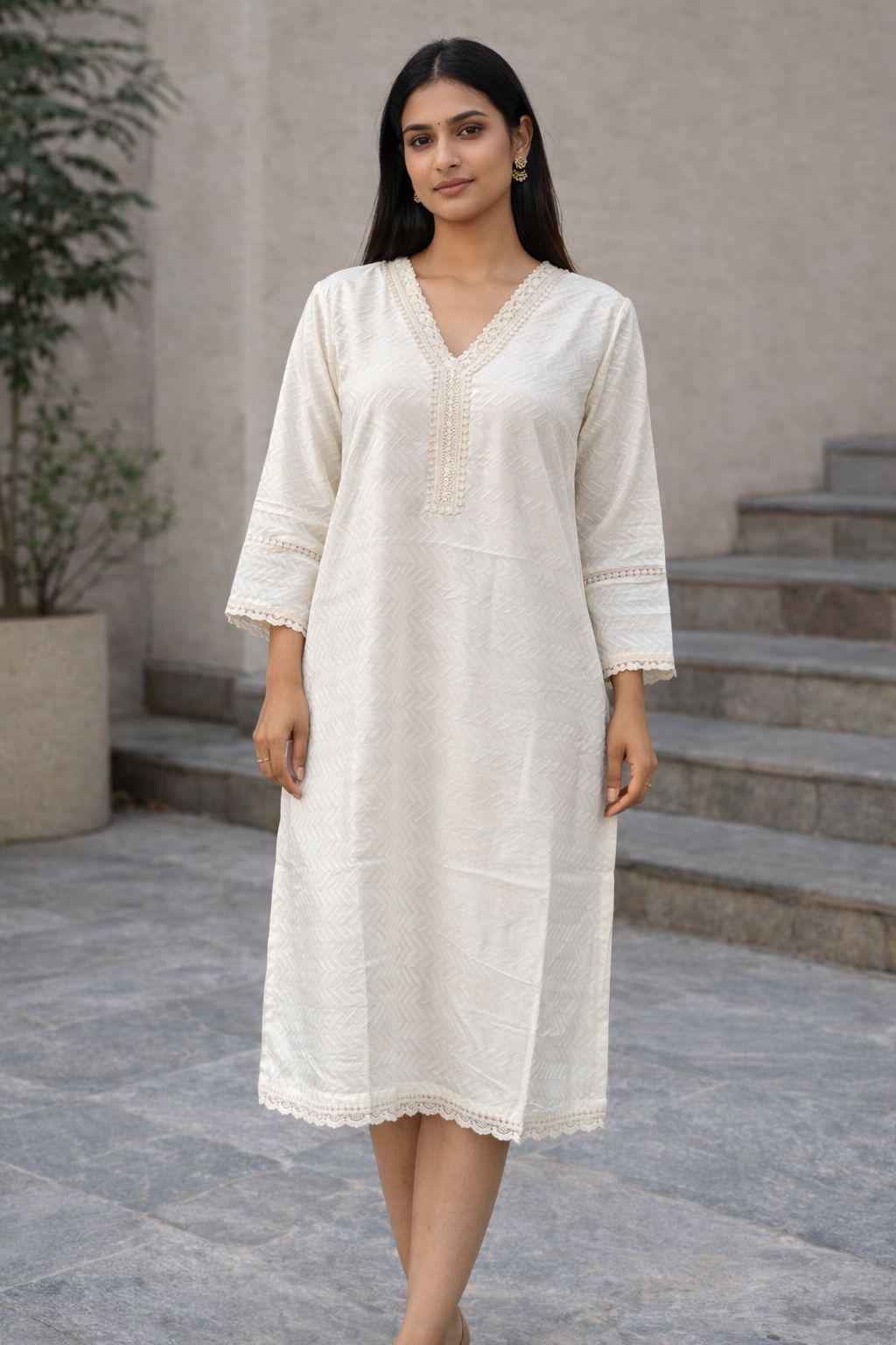 Women’s White Cotton Kurti with Lace V-Neck | Handcrafted Straight Kurta, Soft & Breathable