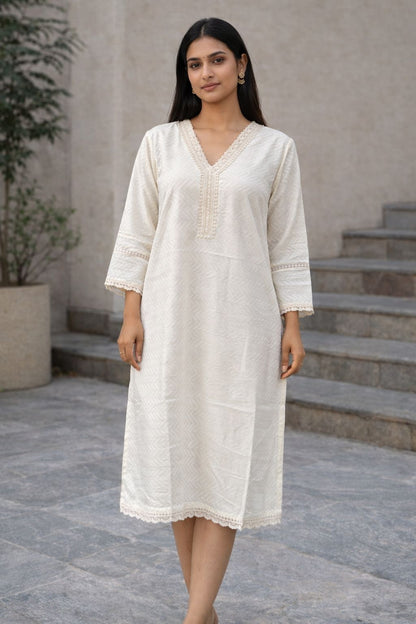 Women’s White Cotton Kurti with Lace V-Neck | Handcrafted Straight Kurta, Soft & Breathable
