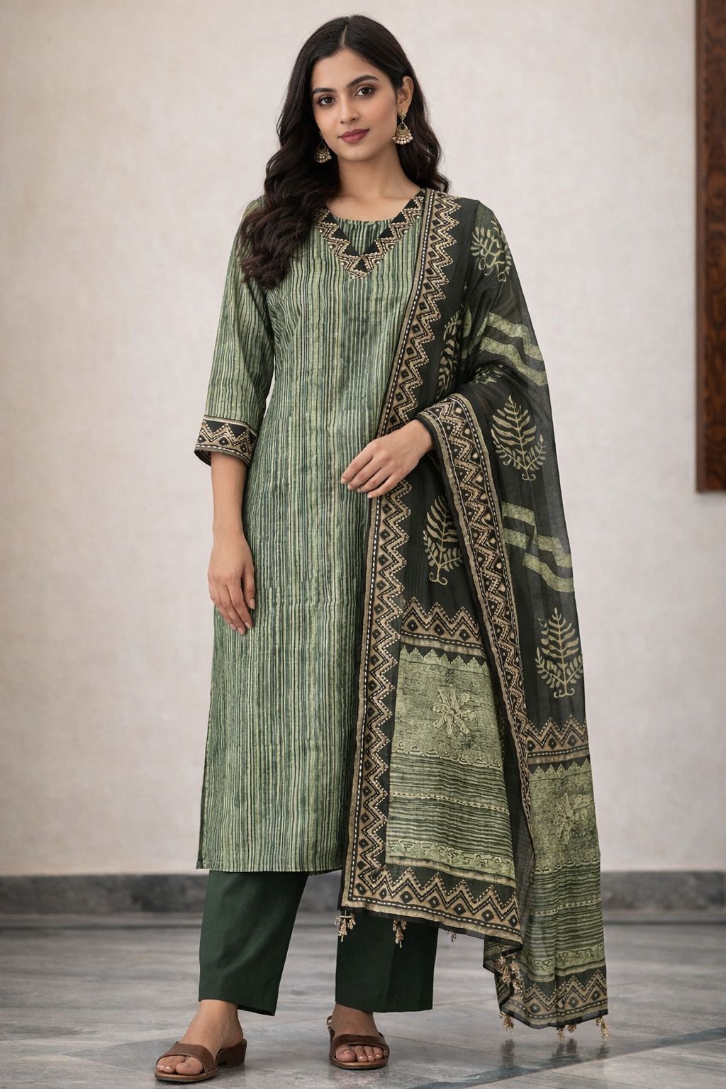 Women Olive Green Printed Kurti Set with Dupatta | Cotton Blend Straight Kurta Pant Set