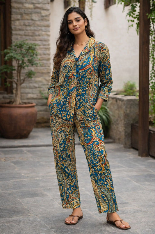 Women’s Printed Cotton Co-Ord Set | Relaxed Fit Shirt & Pant Set | Breathable Everyday Wear