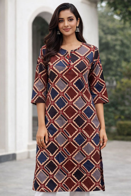 Women Maroon & Navy Blue Printed Cotton Kurti | 3/4 Sleeve Straight Fit Ethnic Kurta for Daily Wear