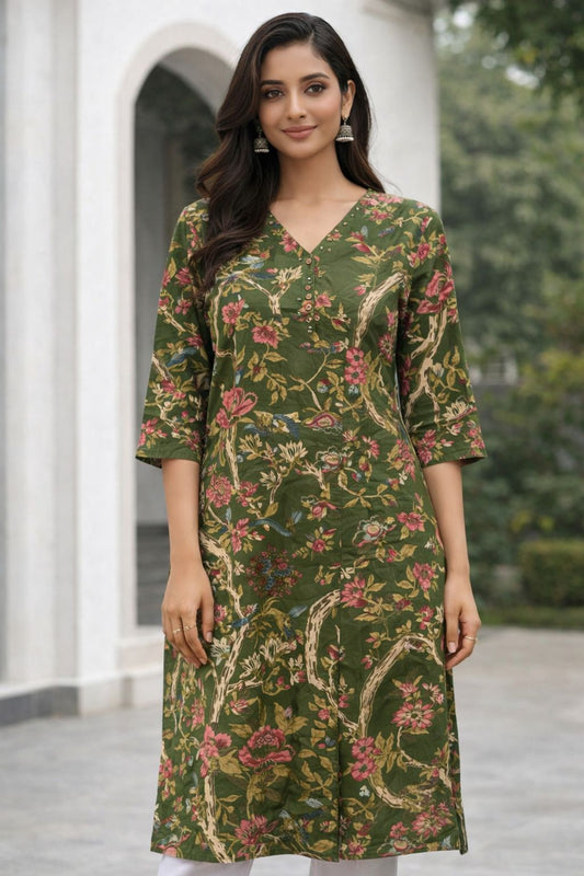 Women Olive Green Floral Printed Cotton Kurti | 3/4 Sleeve Straight Fit Ethnic Kurta for Daily Wear