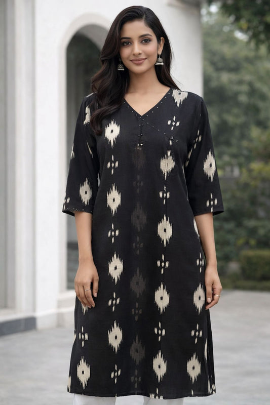 Women Black Ikat Printed Cotton Kurti | 3/4 Sleeve Straight Fit Ethnic Kurta for Daily & Office Wear