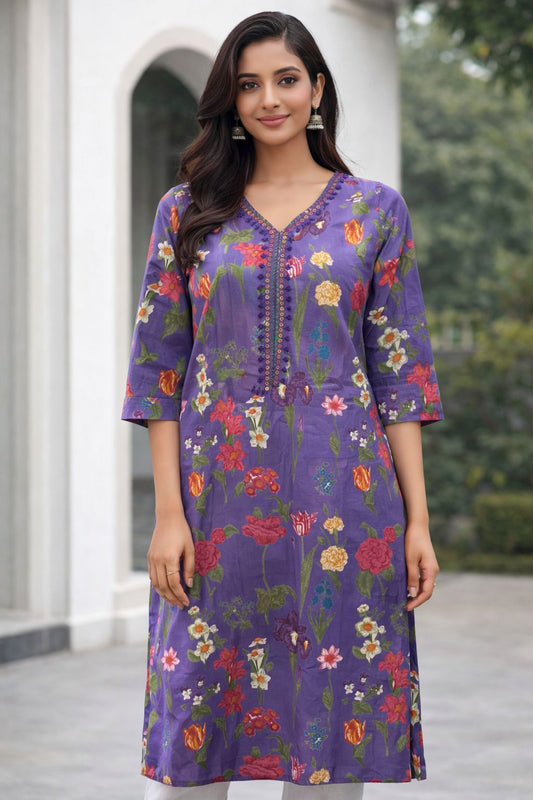 Women Purple Floral Printed Cotton Kurti | 3/4 Sleeve Straight Fit Ethnic Kurta for Daily & Office Wear
