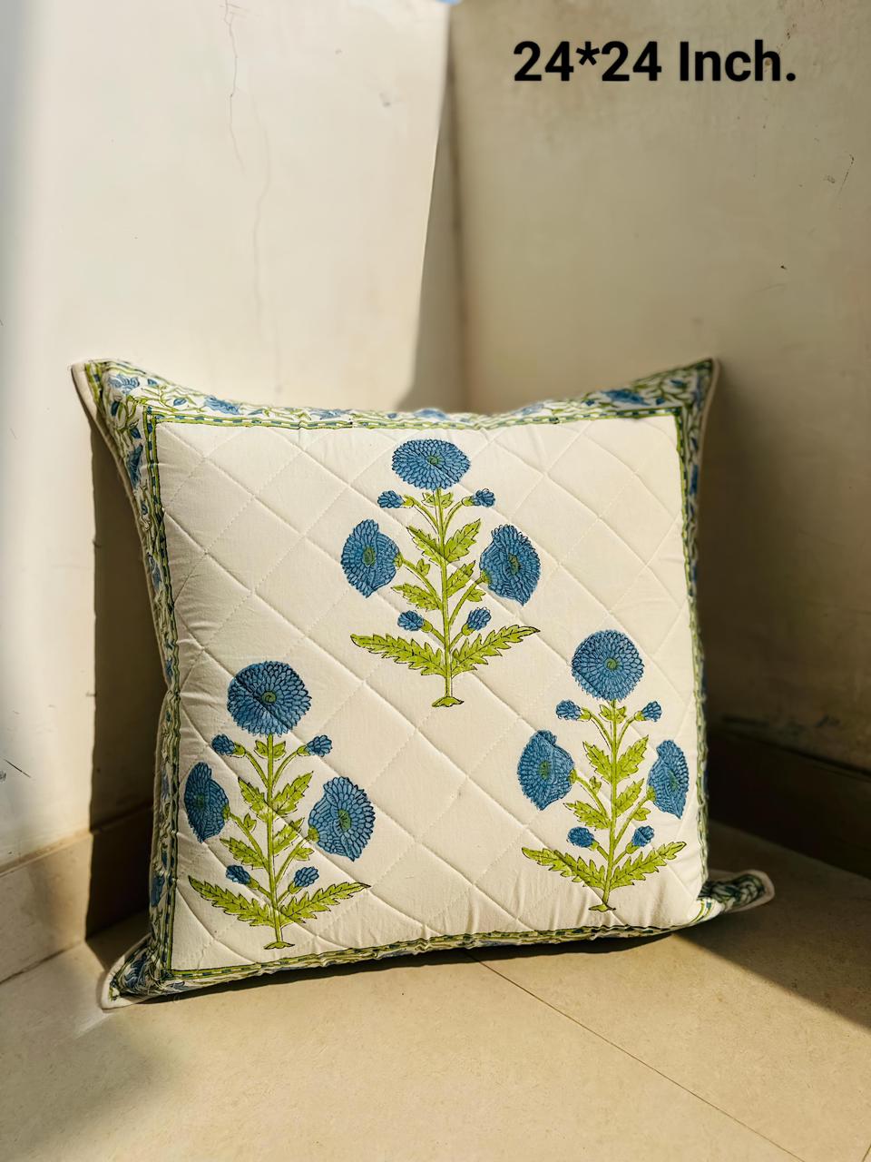 Hand Block Printed Cotton Cushion Cover 24x24 Inch | Quilted Floral Sofa & Bed Cushion Cover | Natural Fab
