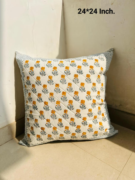 Hand Block Printed Cotton Cushion Cover 24x24 Inch | Quilted Yellow Floral Sofa Cushion Cover | Natural Fab