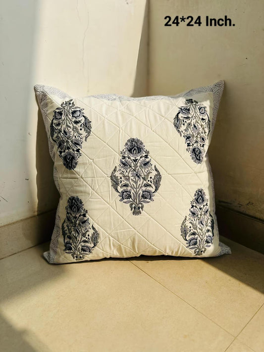Hand Block Printed Cotton Cushion Cover 24x24 Inch | Quilted Black Floral Sofa Cushion Cover | Natural Fab