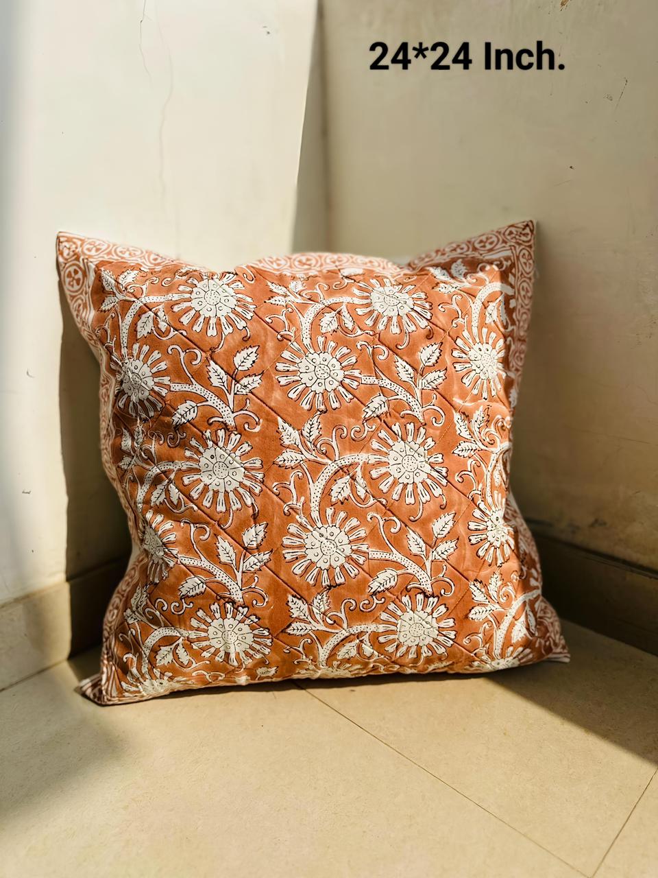 Hand Block Printed Cotton Cushion Cover 24x24 Inch | Quilted Rust Floral Sofa Cushion Cover | Natural Fab