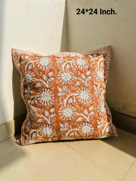 Hand Block Printed Cotton Cushion Cover 24x24 Inch | Quilted Rust Floral Sofa Cushion Cover | Natural Fab