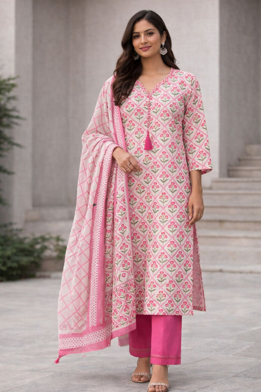 Pink Floral Printed Kurti Set with Pants & Dupatta