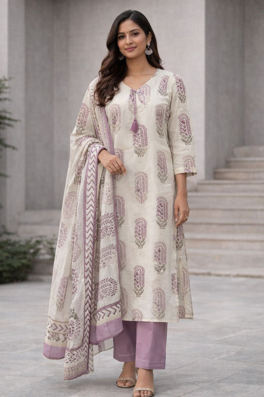 Printed Kurti Set with Purple Pants & Dupatta