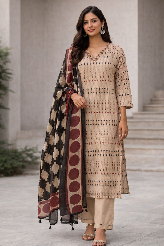Beige Printed Straight Kurta Set with Pants & Contrast Dupatta