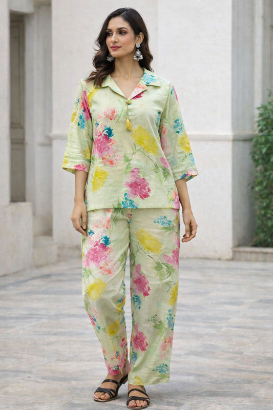 Light Green Cotton Floral Print Kurti Co-Ord Set for Women | Relaxed Fit Kurta Pant Set – Natural Fab
