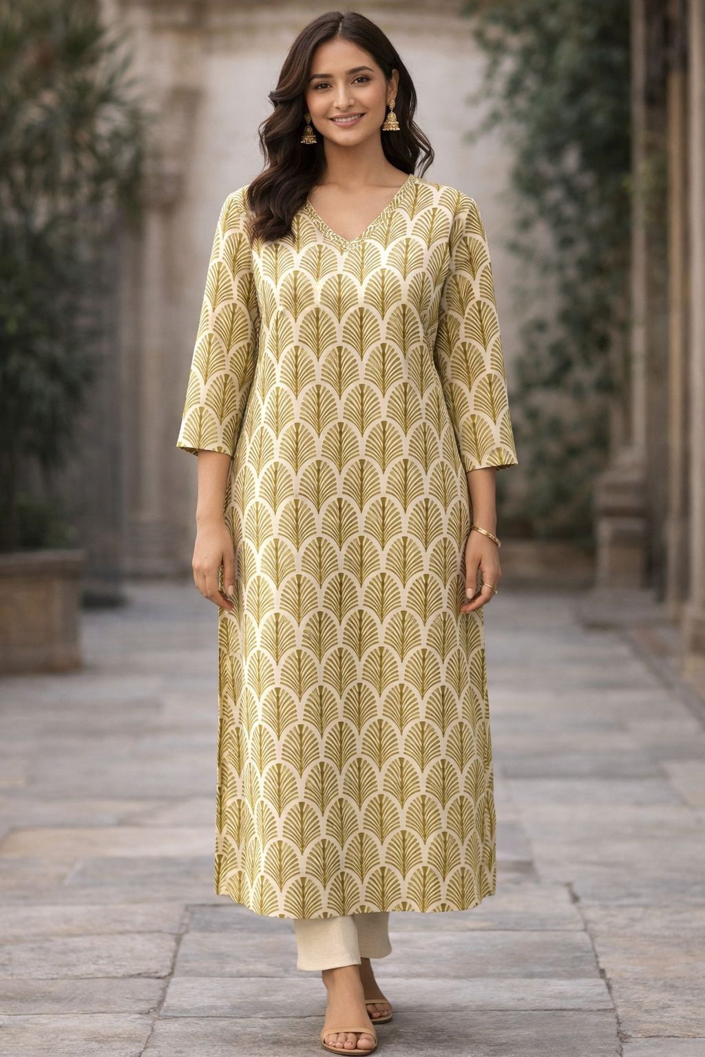 Ivory Cotton Hand Block Print Straight Kurti for Women | Elegant Ethnic Kurta with 3/4 Sleeves