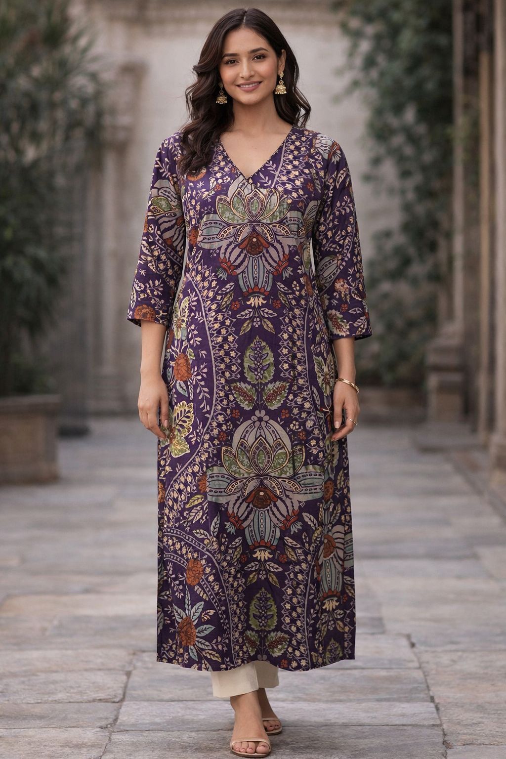 Purple Cotton Hand Block Print Straight Kurti for Women | Floral Ethnic Kurta with 3/4 Sleeves