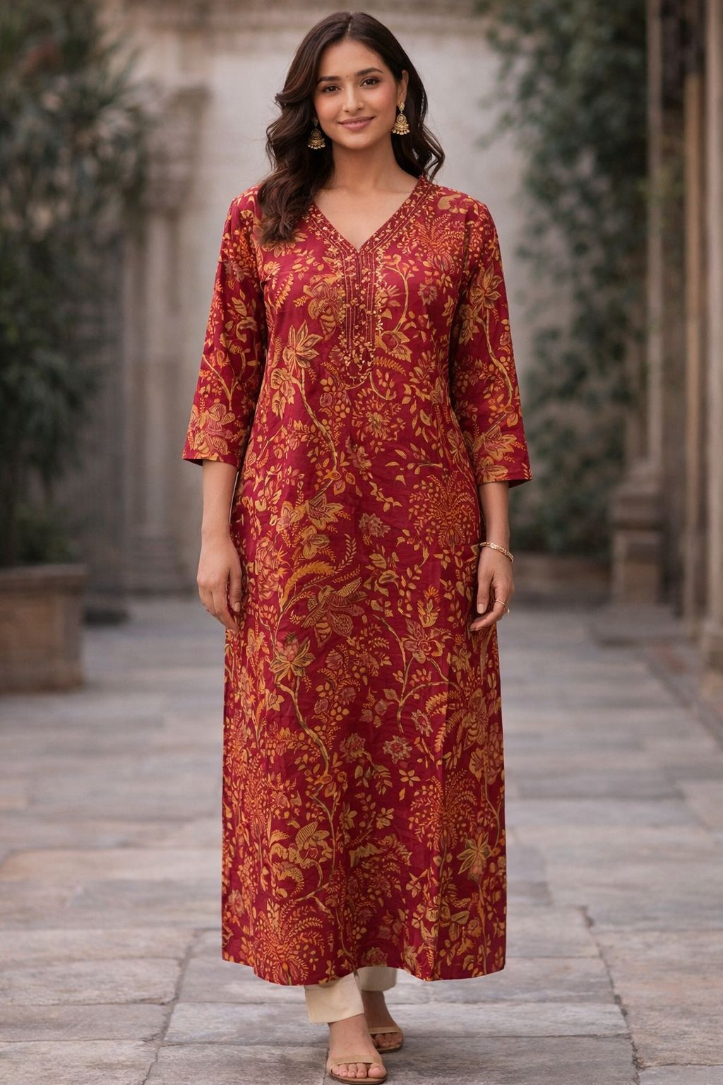 Maroon Cotton Hand Block Print Straight Kurti for Women | Floral Ethnic Kurta with 3/4 Sleeves