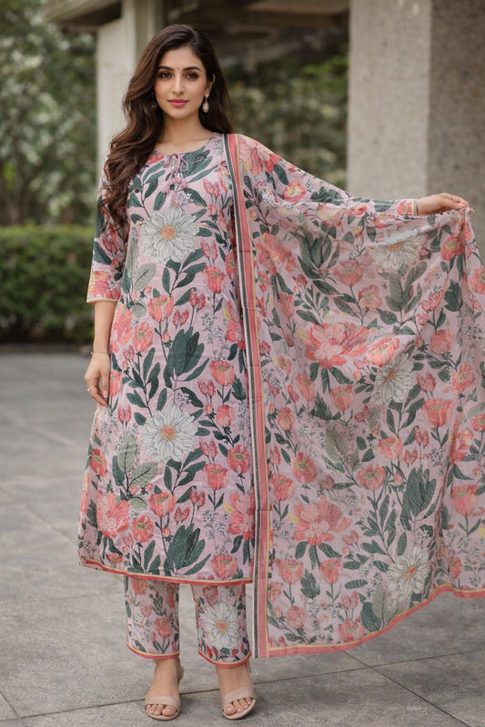 Pink Floral Printed Cotton Kurti Pant Set with Dupatta | Soft & Breathable Everyday Ethnic Wear for Women