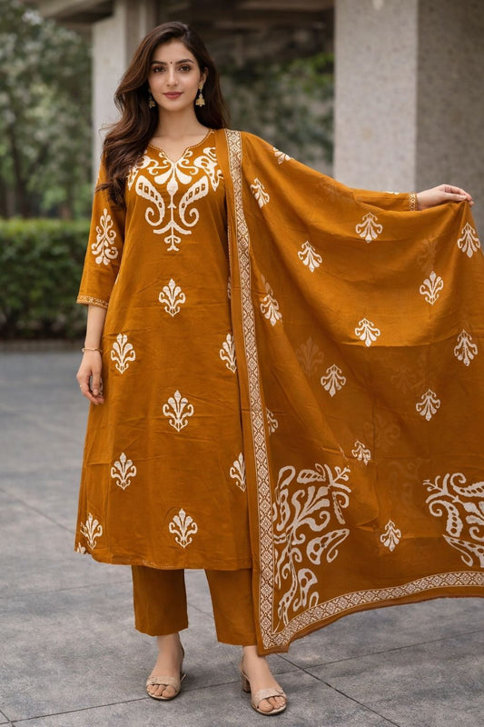 Mustard Printed Cotton Kurti Pant Set with Dupatta for Women | Elegant Daily & Festive Ethnic Wear