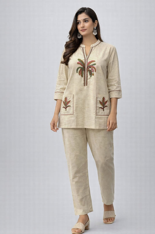Beige Hand Embroidered Cotton Co-Ord Set for Women | Sustainable Ethnic Wear – Natural Fab