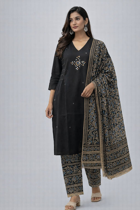 Black Embellished Cotton Kurti Set with Printed Pants & Dupatta for Women | Festive Ethnic Wear – Natural Fab