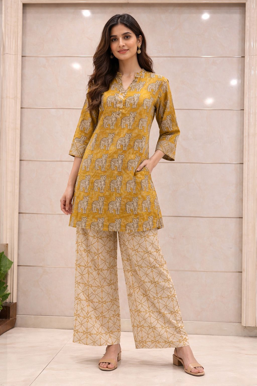 Mustard Hand Block Printed Cotton Co-Ord Set for Women | Elephant Motif Ethnic Wear – Natural Fab