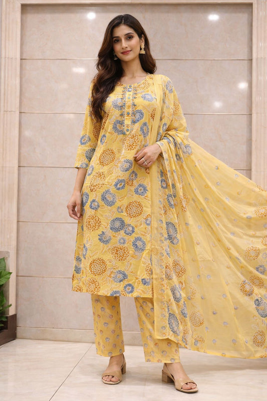 Yellow Floral Printed Cotton Kurti Set with Dupatta for Women | Festive Ethnic Wear – Natural Fab