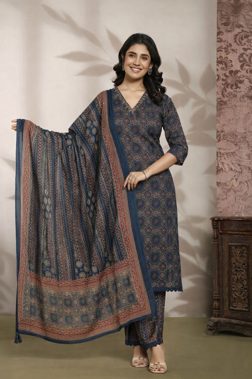 Indigo Hand Block Printed Cotton Kurti Set with Dupatta for Women | Ethnic Wear – Natural Fab