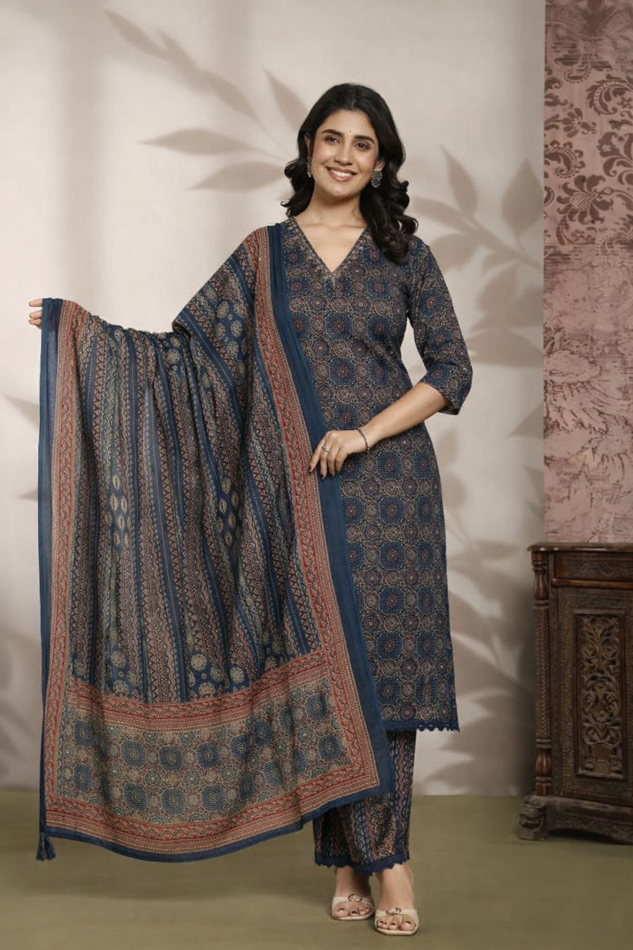 Indigo Hand Block Printed Cotton Kurti Set with Dupatta for Women | Ethnic Wear – Natural Fab