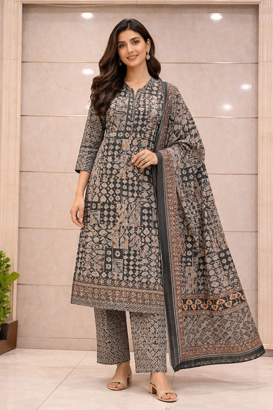 Black & Grey Hand Block Printed Cotton Kurti Set with Dupatta for Women | Ethnic Wear – Natural Fab