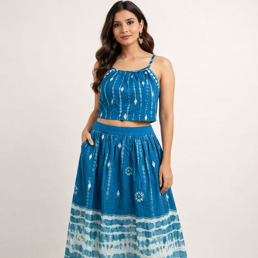 Women’s Cotton Top & Skirt Set – Hand Block Print Blue Co-ord Set, Sleeveless Summer Dress, Casual & Holiday Wear