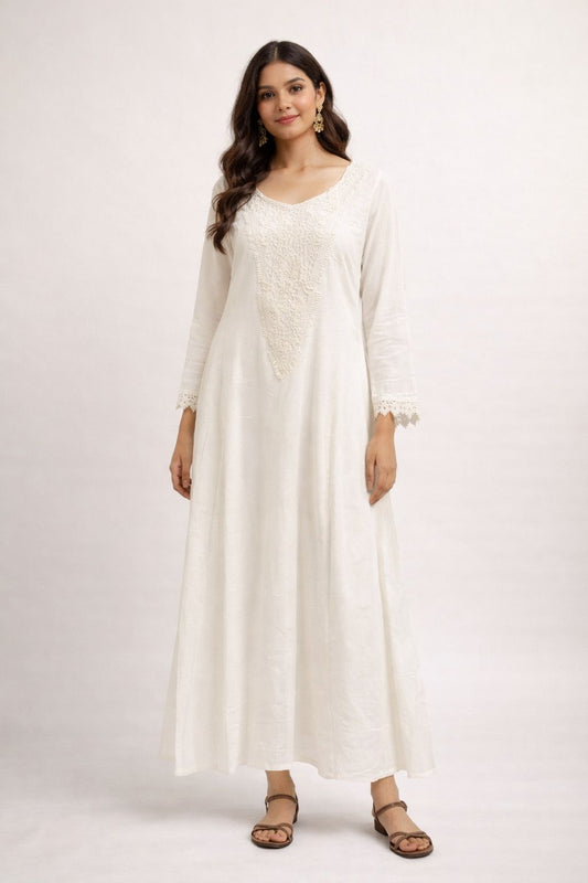 Women’s Supernet Cotton Long Dress with Cotton Inner – White A-Line Ethnic Dress, Lightweight Summer Dress