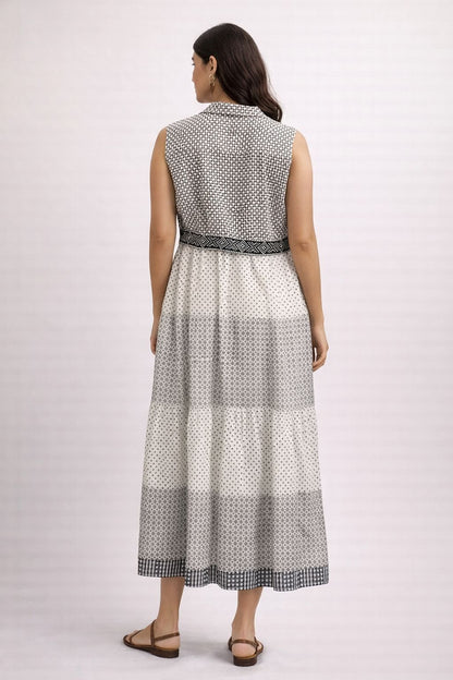 Women’s Cotton Printed Midi Dress – Black & White Sleeveless Summer Dress with Belt, Casual & Travel Wear