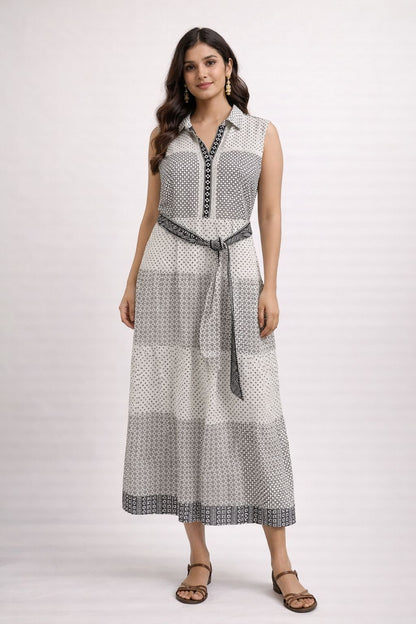 Women’s Cotton Printed Midi Dress – Black & White Sleeveless Summer Dress with Belt, Casual & Travel Wear