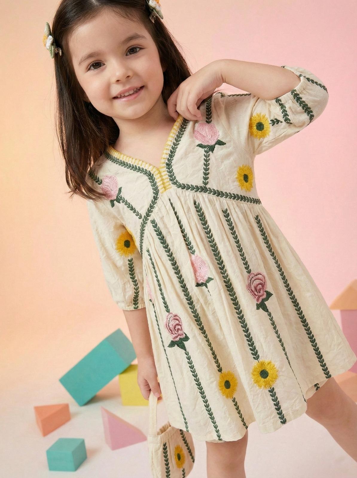 Girls Cotton Embroidered Dress – Cream Floral Baby Girl Frock, Soft Casual & Party Wear Kids Dress