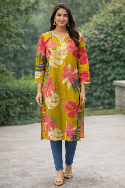 Mustard Yellow Floral Print Cotton Kurti for Women – Casual Straight Kurta | Natural Fab