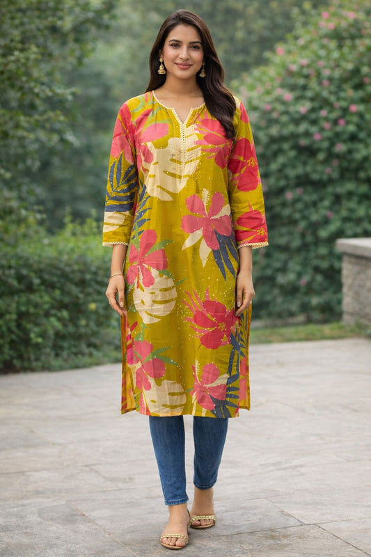 Mustard Yellow Floral Print Cotton Kurti for Women – Casual Straight Kurta | Natural Fab