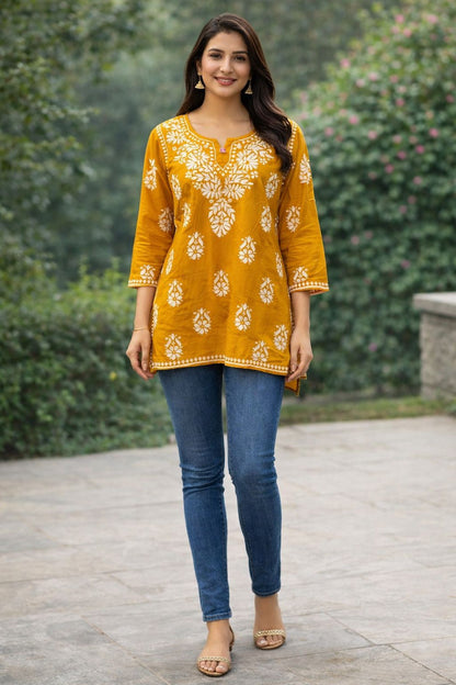 Mustard Yellow Printed Rayon Short Kurti for Women – Soft Casual & Daily Wear Short Kurta | Natural Fab