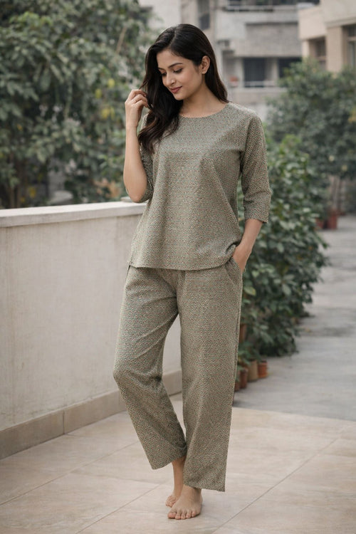 Women’s Olive Green Printed Cotton Night Suit – Soft & Comfortable Sleepwear Set