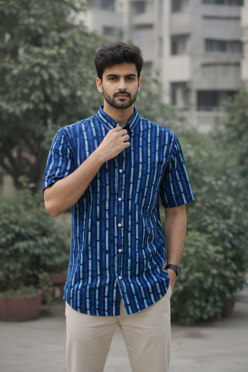 Men’s 100% Cotton Hand Block Printed Shirt – Natural Dyed Premium Casual Wear