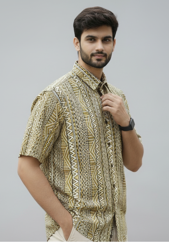 Men’s 100% Cotton Hand Block Printed Shirt – Natural Dyed Premium Casual Wear