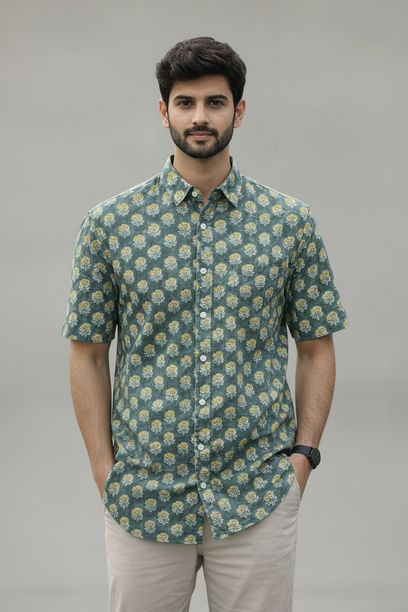 Men’s 100% Cotton Hand Block Printed Shirt – Natural Dyed Premium Casual Wear