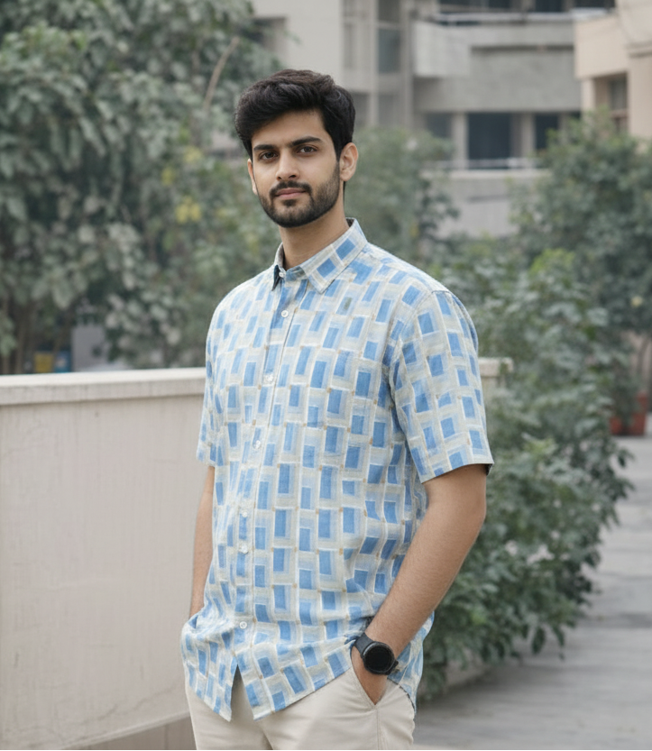 Men’s 100% Cotton Hand Block Printed Shirt – Natural Dyed Casual Wear