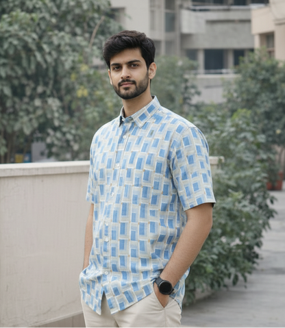 Men’s 100% Cotton Hand Block Printed Shirt – Natural Dyed Casual Wear
