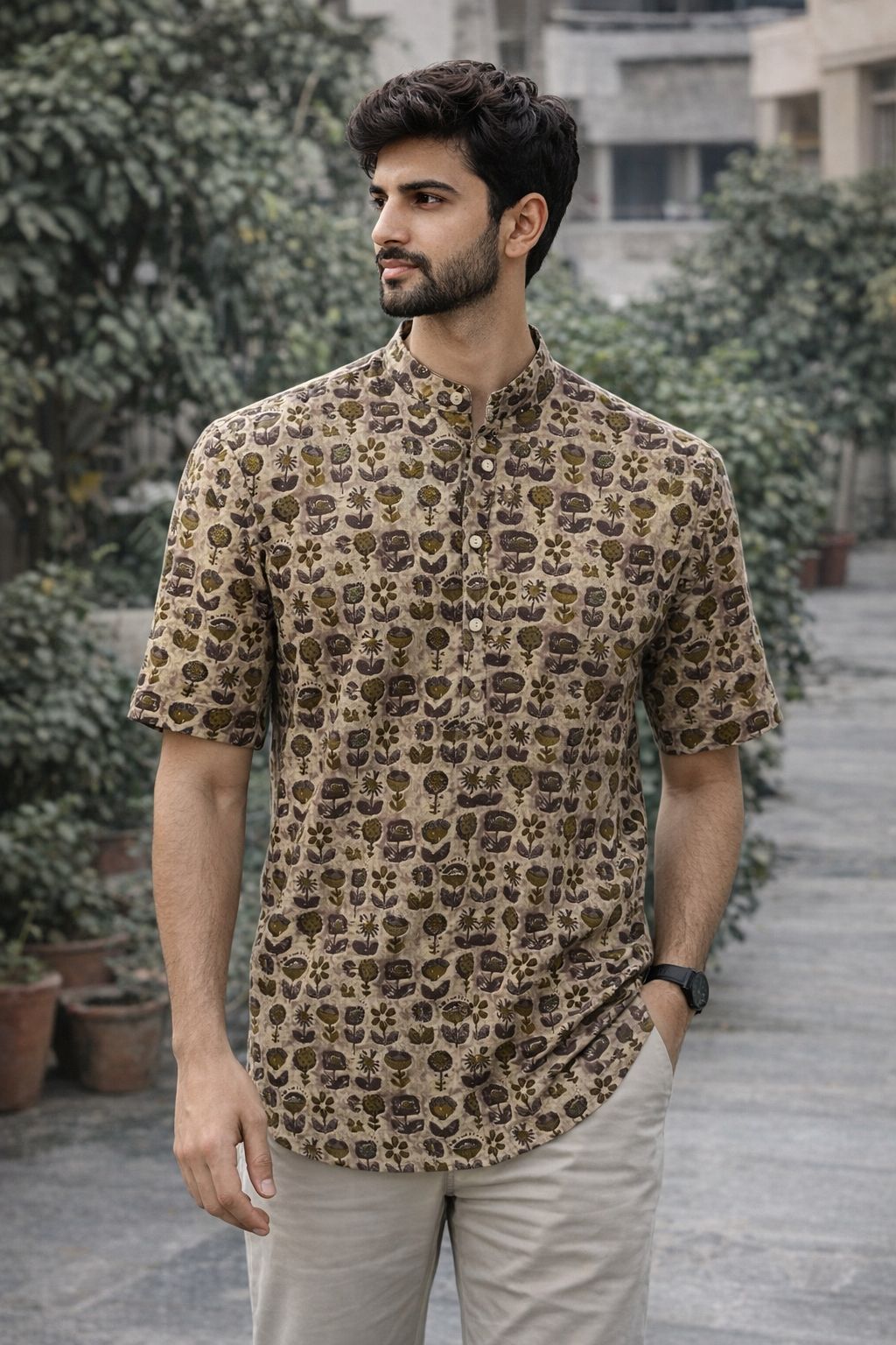 Men’s Beige & Brown Printed Cotton Kurta – Short Sleeve Mandarin Collar Casual Wear