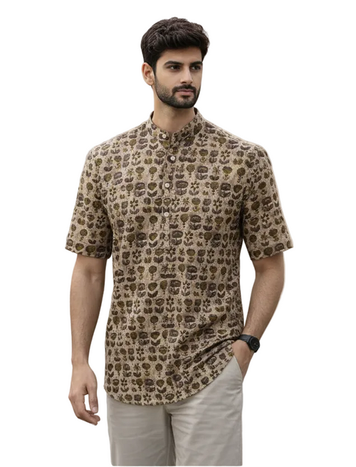 Men’s Beige & Brown Printed Cotton Kurta – Short Sleeve Mandarin Collar Casual Wear