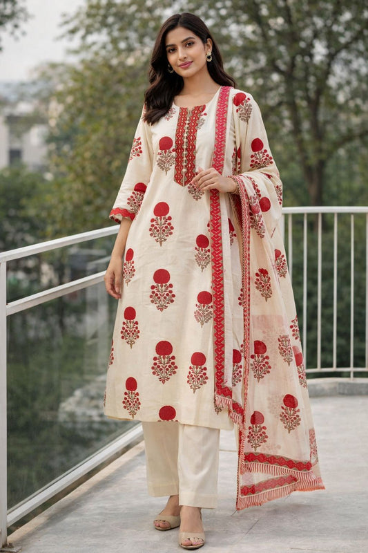 Women’s Hand Block Printed Cotton Kurti Set with Kota Doria Dupatta | 3 Piece Ethnic Suit