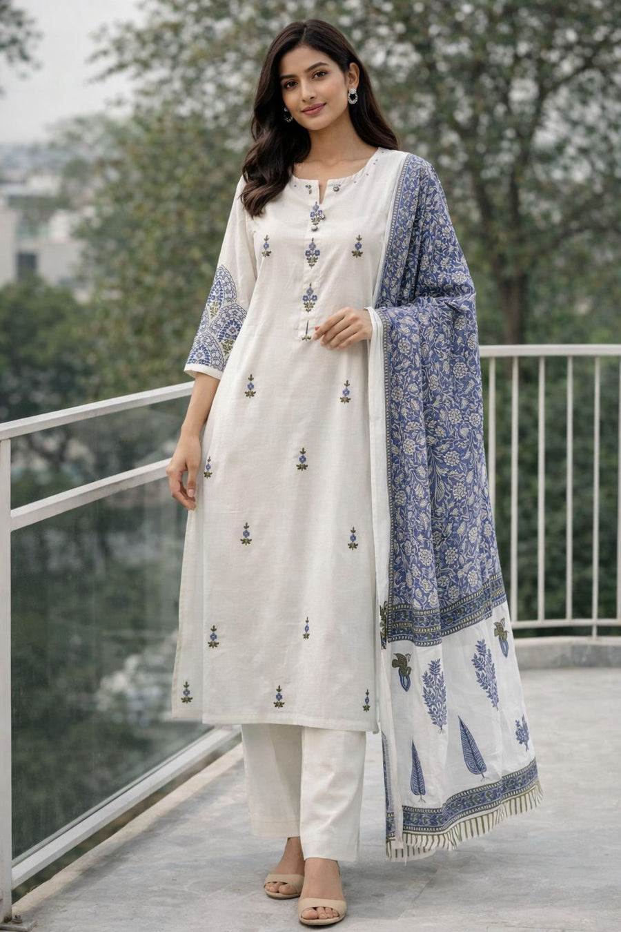 Women’s 100% Cotton Embroidered Kurti Set with Kalamkari Printed Dupatta | Mal Cotton Suit