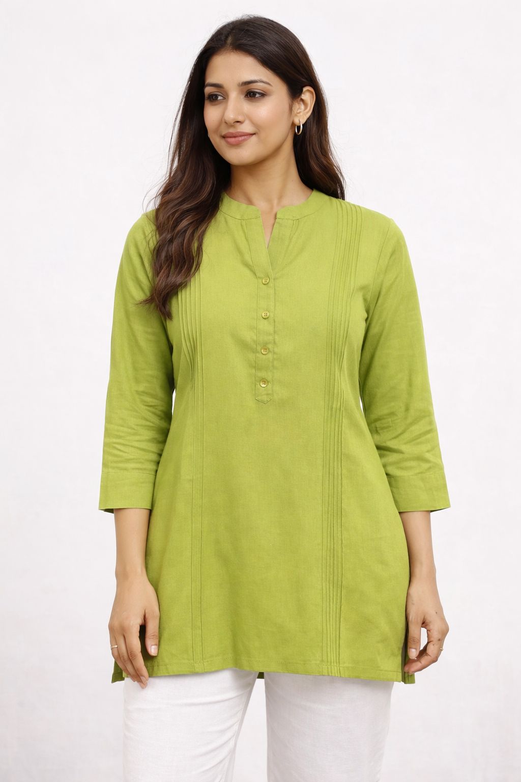 Women’s Green Cotton Short Kurti | Solid Casual Ethnic Top for Office & Daily Wear
