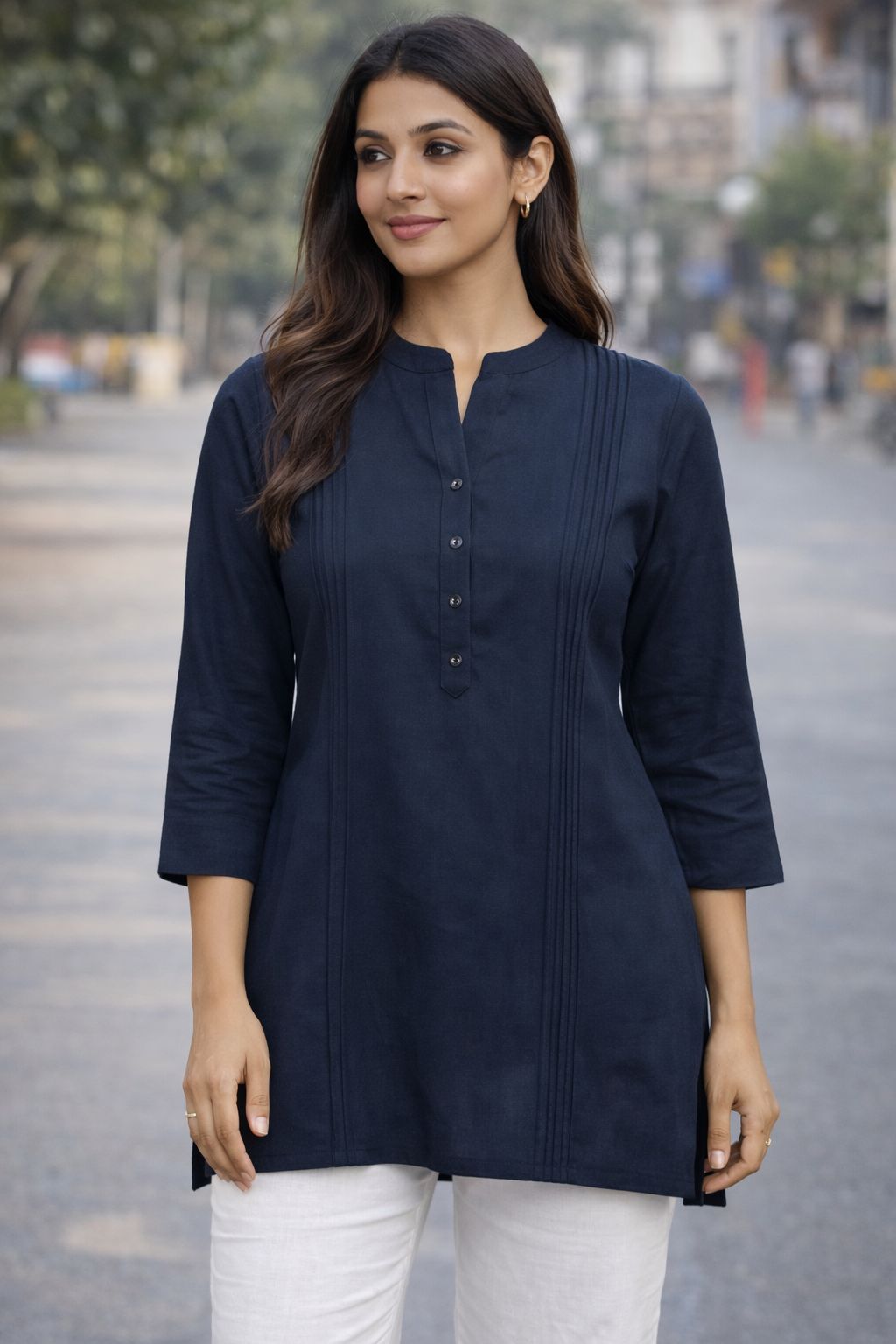 Women’s Blue Cotton Short Kurti | Solid Casual Ethnic Top for Office & Daily Wear