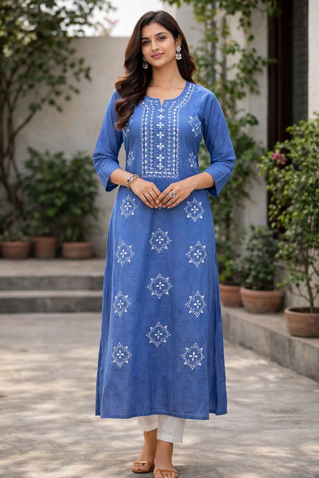 Women’s Cotton Long Kurti – Blue Printed Straight Fit Ethnic Casual Summer Kurta for Daily Wear